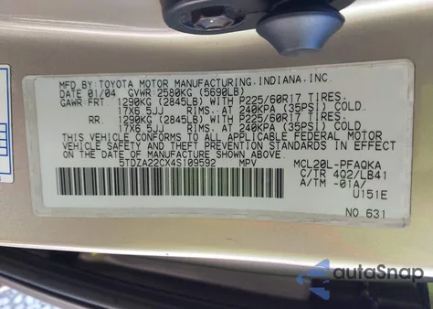 2004 Toyota Sienna Xle из США, поврежденный, VIN 5TDZA22CX4S109592